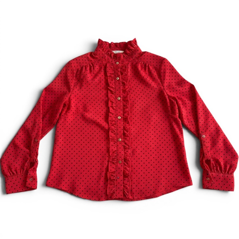 Elle Womens Red Black Polka Dot Scalloped Trim High Neck Blouse